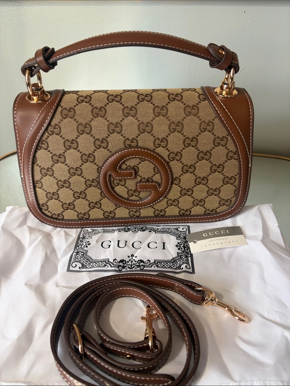 Gucci Brown GG Canvas Top-Handle Shoulder Bag with Gold Hardware